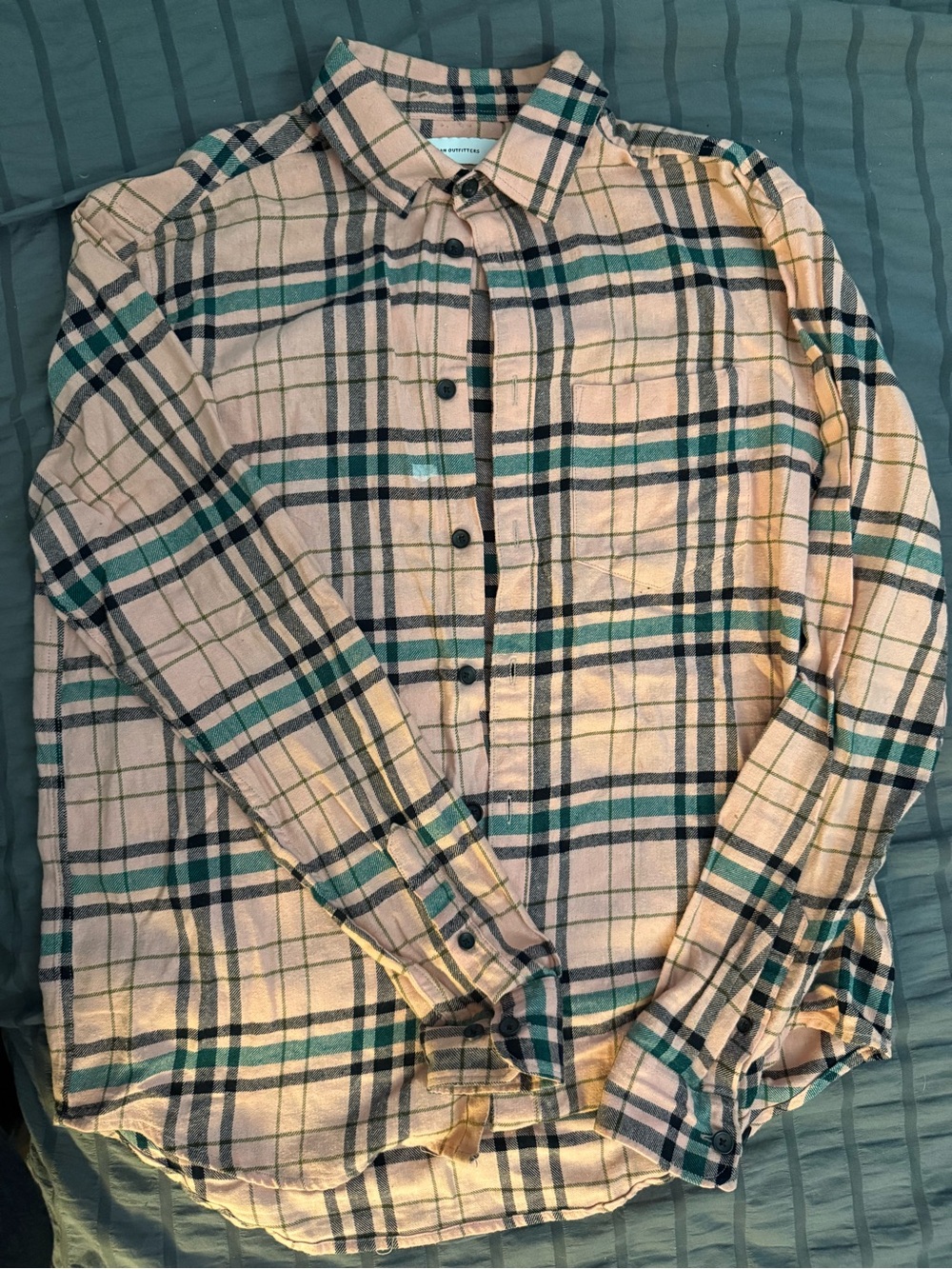 Urban Outfitters Beige Plaid Button-Down with Teal and Black Stripes